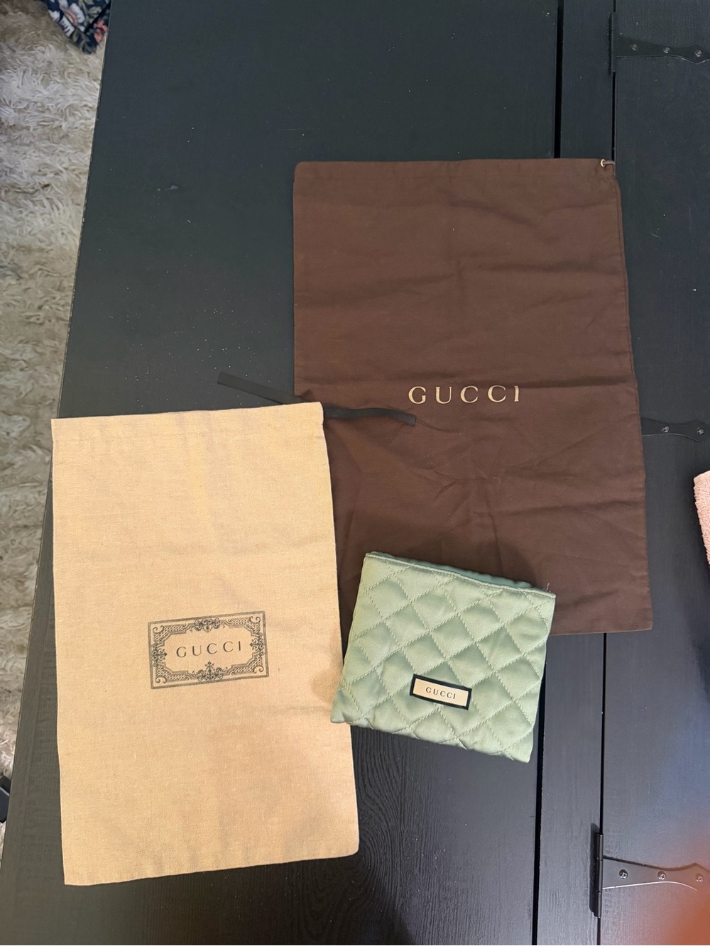 Vintage Gucci Lot – Quilted Green Pouch + 2 Gucci Dust Bags – Made in Italy